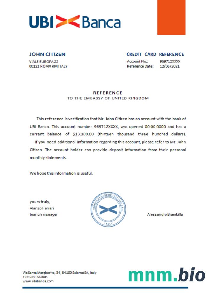 Włochy UBI Banca przykład odniesienia w formatach Word i PDF